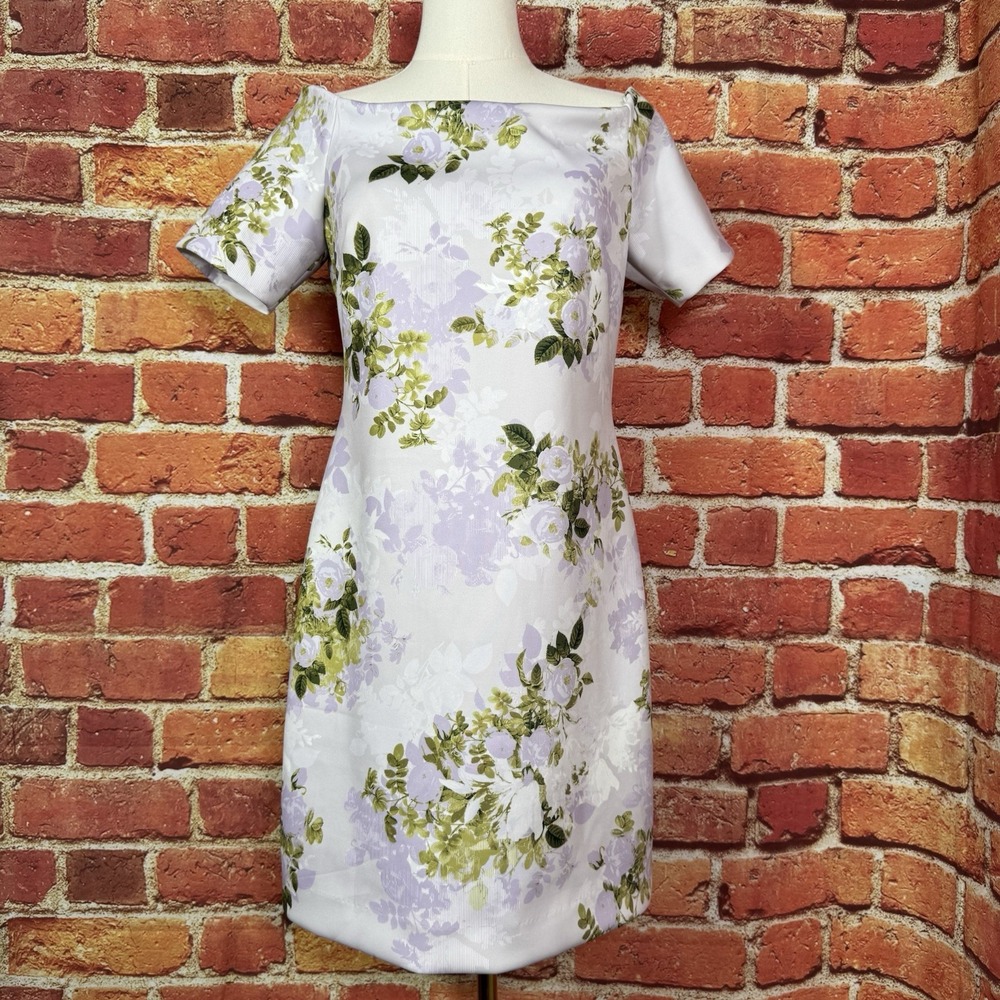 Calvin Klein Floral Print Scuba Dress Off The Shoulder Lilac Green Size 10 EUC